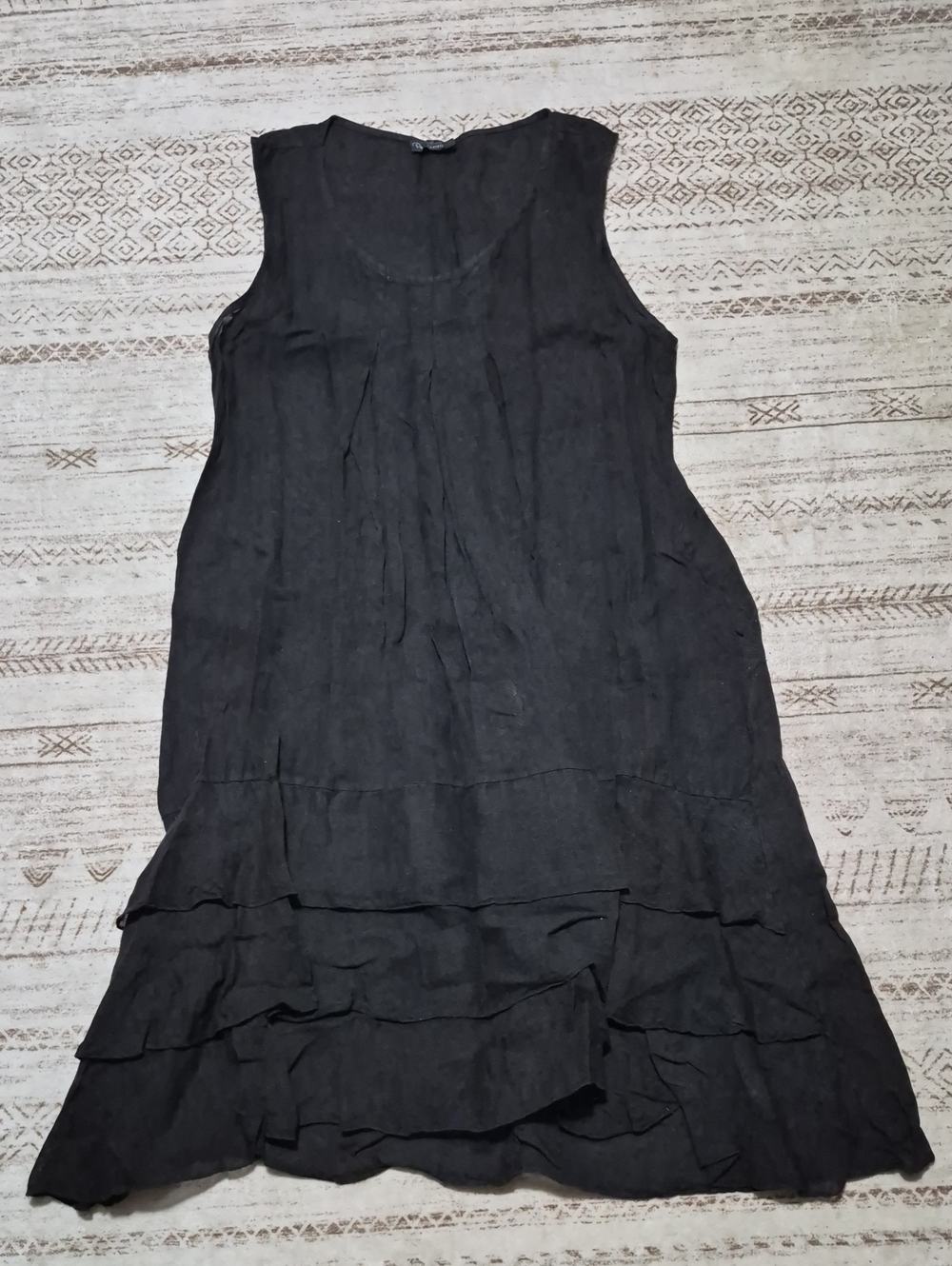 Sleeveless Black Tiered Linen Dress With Pockets